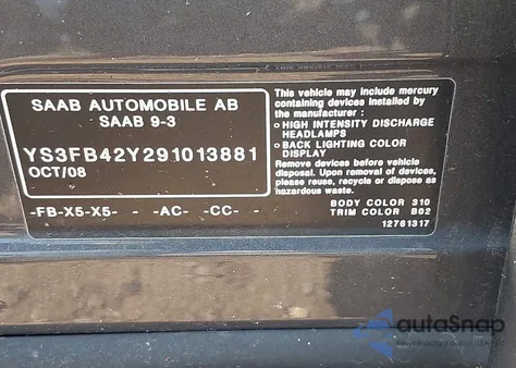 2009 Saab 9-3 2.0T from USA, damaged, VIN YS3FB42Y291013881